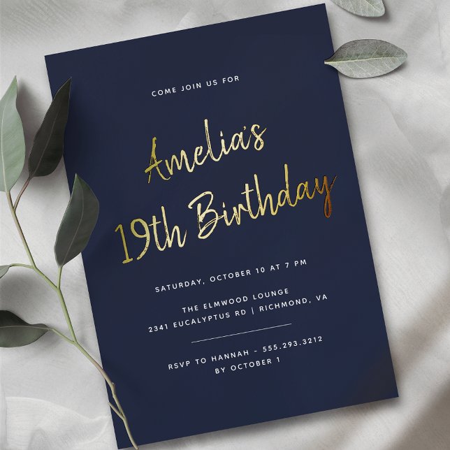 Invitation En Aluminium Tous âges | Anniversaire Navy Blue et Or Script (Créateur téléchargé)