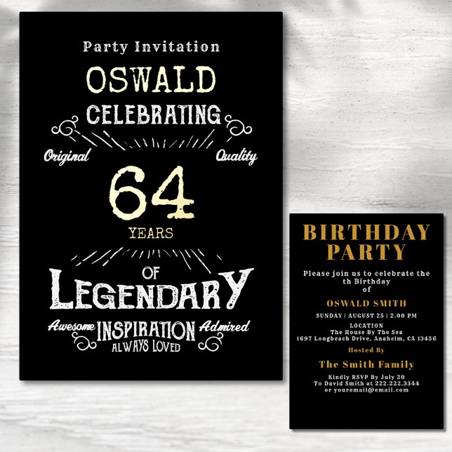 Invitation En Aluminium Tout âge Anniversaire Né Légendaire Black Gold Ret (Gold foil birthday invitation with black background and white typography.)