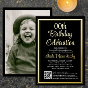 Invitation En Aluminium Tout Anniversaire QR Code & Photo Black and Gold