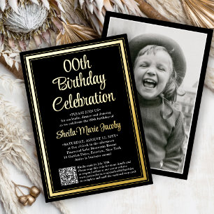 Invitation En Aluminium Tout code QR de fête d'anniversaire & Photo Noir e