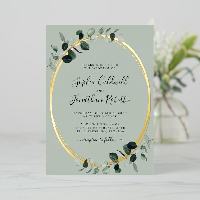 Invitation En Aluminium Tout en un Eucalyptus Sage Gold Mariage ovale (Debout devant)