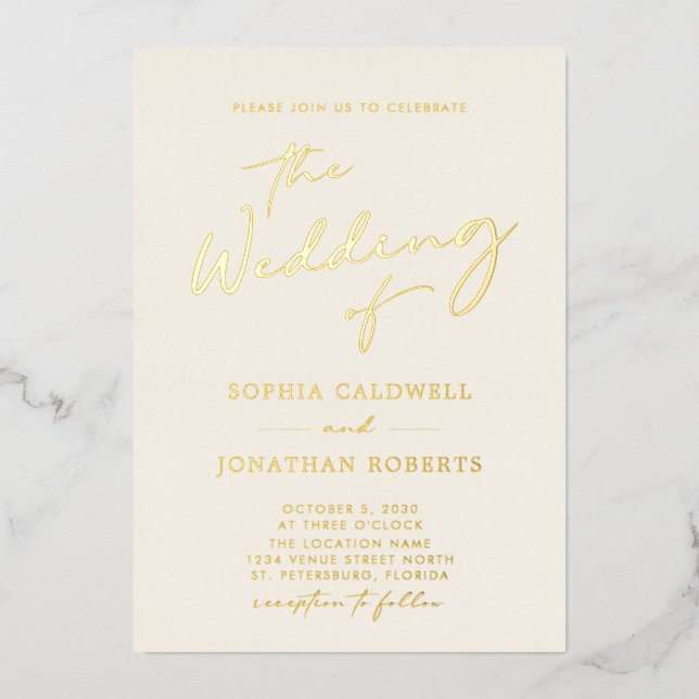 Invitation En Aluminium Tout en Un Or Calligraphie Crème Mariage (Recto)