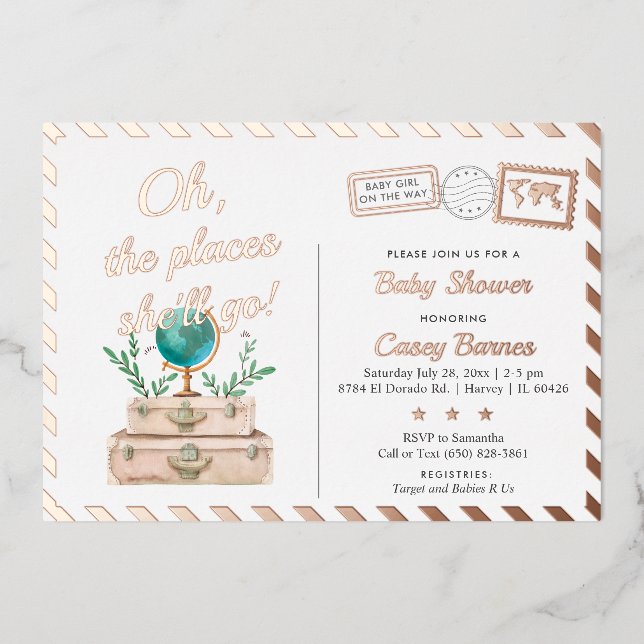 Invitation En Aluminium Travel Places She'll Go Baby Girl Shower Rose Gold (Recto)