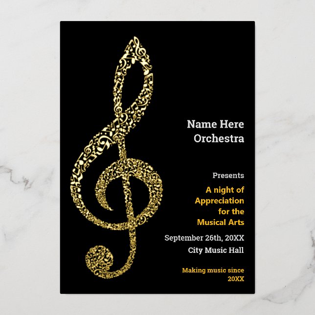 Invitation En Aluminium Treble clef Elegant Minimal Gold Music Notes Texte (Recto)