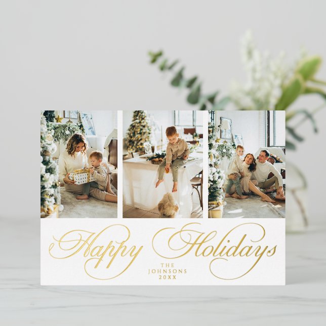 Invitation En Aluminium Trendy Elegant Script 3 Photo Collage Noël (Debout devant)