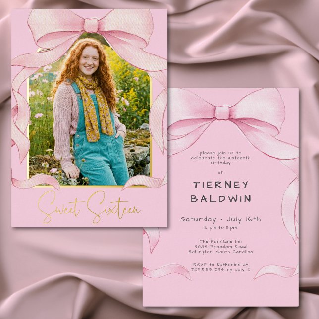 Invitation En Aluminium Trendy Pink Bow Sweet Sixteen Photo Birthday Party (Trendy Pink Bow Sweet Sixteen Photo Birthday Party Foil Invitation)