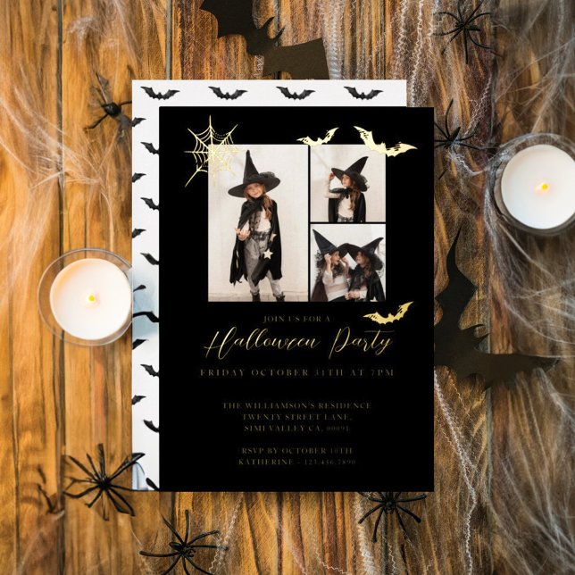 Invitation En Aluminium Trois minima photo Éffrayant chauves-souris fête d (Minimal Three Photo Spooky Bats Halloween Party Foil Invitation)