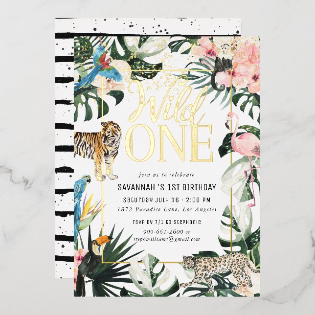 Invitation En Aluminium Tropical Chic | Gold Wild One Birthday Party (Recto/Verso)