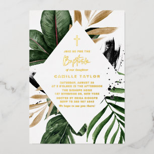 Invitation En Aluminium Tropical Feuille Faux Gold Foil Frame Baptême