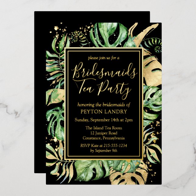 Invitation En Aluminium Tropical Gold & Black Bridesmaiers Tea Party (Recto/Verso)