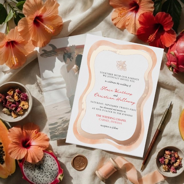 Invitation En Aluminium Tropical Hibiscus Wavy Border Vibrant Wedding (Invite guests to your destination wedding day with this Tropical Hibiscus Wavy Border Foil Invite!)