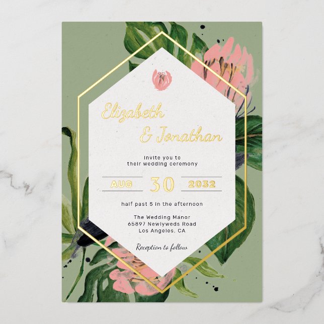 Invitation En Aluminium Tropical jungle floral moderne pink flower & leave (Recto)