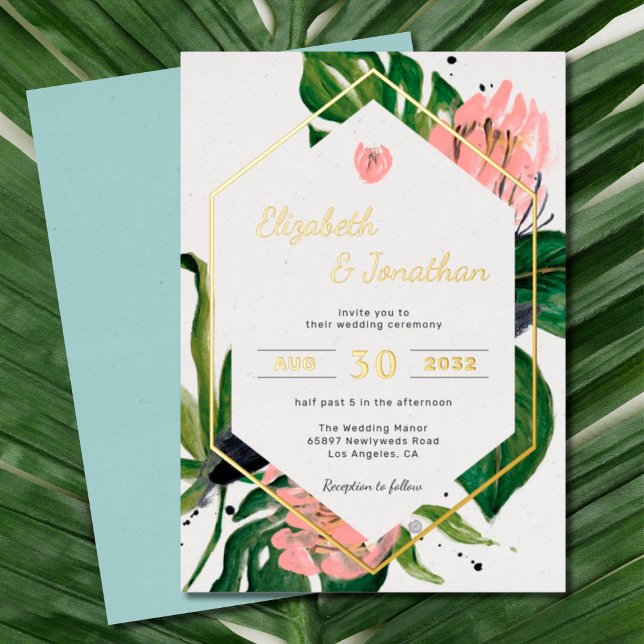 Invitation En Aluminium Tropical jungle floral moderne pink flower & leave (Créateur téléchargé)