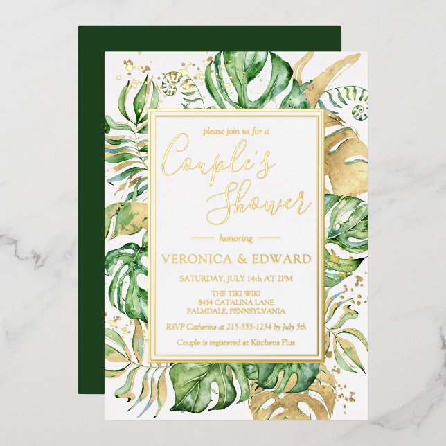 Invitation En Aluminium Tropical Modern Frame Couple's Wedding shower Gold (Recto/Verso)