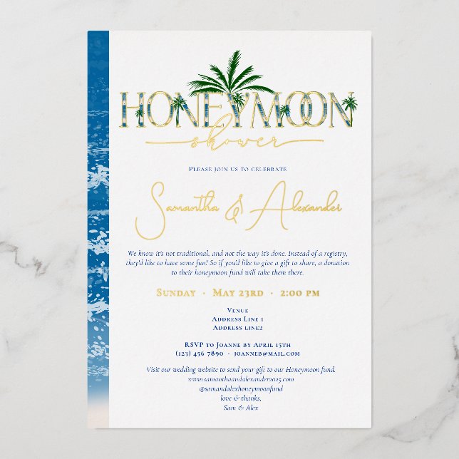 Invitation En Aluminium Tropical Ocean Blue Honeymoon Couple Douche Argent (Recto)