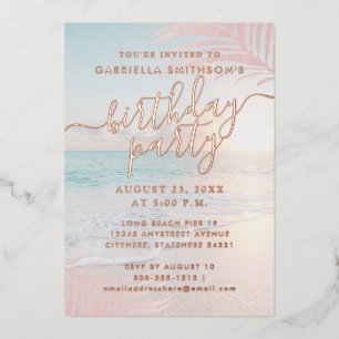 Invitation En Aluminium Tropical Sunset Beach Anniversaire Fête Rose Gold