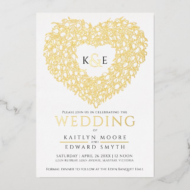 Invitation En Aluminium Tulipes de printemps tirant coeur mariage or noir (Recto)