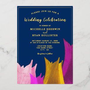 Invitation En Aluminium Tulipes Jaunes Violettes Mariage Floral Bleu Marin