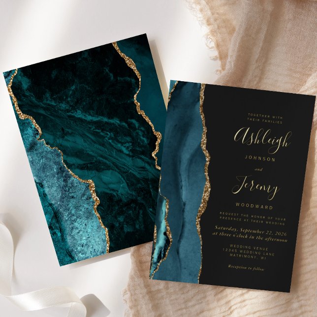 Invitation En Aluminium Turquoise Blue Gold Agate Dark Modern Mariage (Créateur téléchargé)