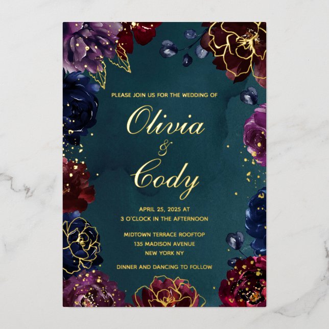 Invitation En Aluminium Turquoise Bordeaux Amethyst Bijou Tone Mariage or (Recto)