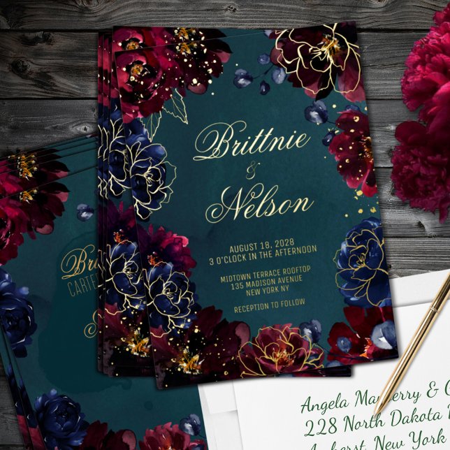 Invitation En Aluminium Turquoise Bordeaux Sapphire Bijou Tone Mariage Or (Teal Bordeaux Sapphire Jewel Tone Wedding Gold Foil Invitation)