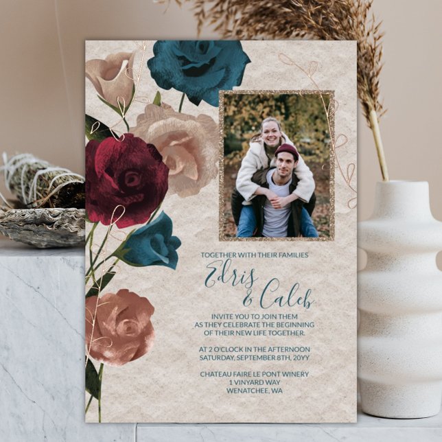 Invitation En Aluminium Turquoise, Bourgogne, Rose Rose d'or Mariage (Blush, Beige, Burgundy, Teal Wedding Bouquet Roses Invitation, Rose Gold Foil Leaves)