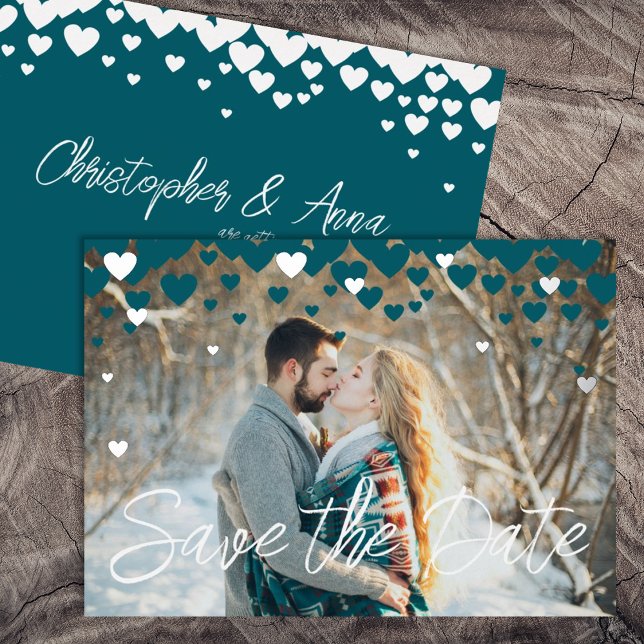 Invitation En Aluminium Turquoise, Coeurs d'argent, Mariage hiver ou Valen (winter teal green valentines february wedding save the date hearts elegant script calligraphy invite)
