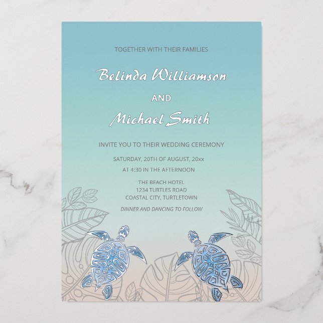 Invitation En Aluminium Turquoise des tortues marines argentées | Mariage  (Recto)