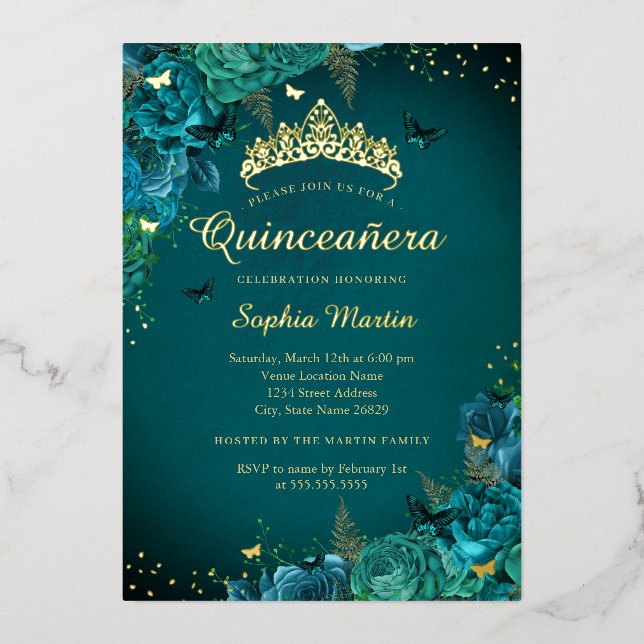 Invitation En Aluminium Turquoise Élégant Floral Vibrant Papillon Quincean (Recto)