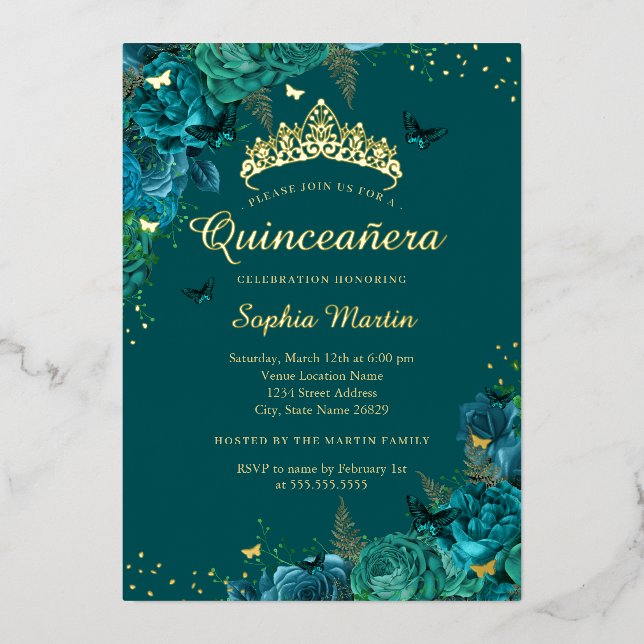 Invitation En Aluminium Turquoise Élégant papillon floral Quinceanera (Recto)