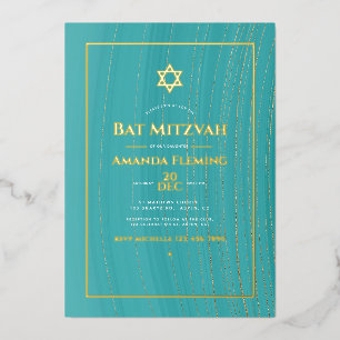 Invitation En Aluminium Turquoise et or Fausse agate Photo Bat Mitzvah Fo