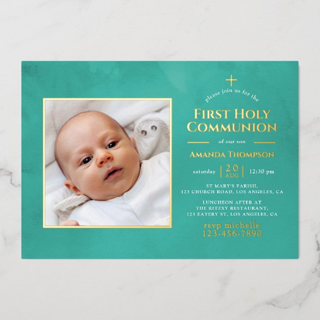 Invitation En Aluminium Turquoise et Or Géométrique Floral Sainte Communio (Recto)