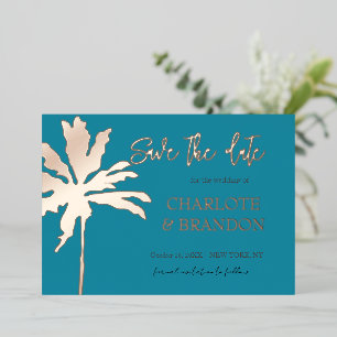Invitation En Aluminium Turquoise Gold Palm Tree Beach Mariage Enregistrer