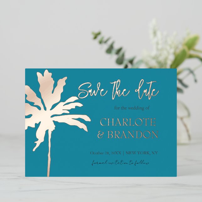 Invitation En Aluminium Turquoise Gold Palm Tree Beach Mariage Enregistrer (Debout devant)