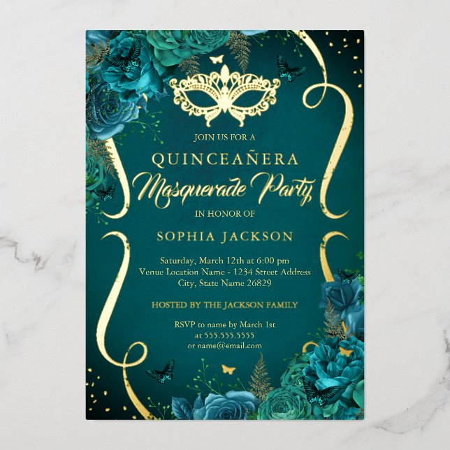 Invitation En Aluminium Turquoise or Floral Scroll Masquerade Quinceanera (Recto)