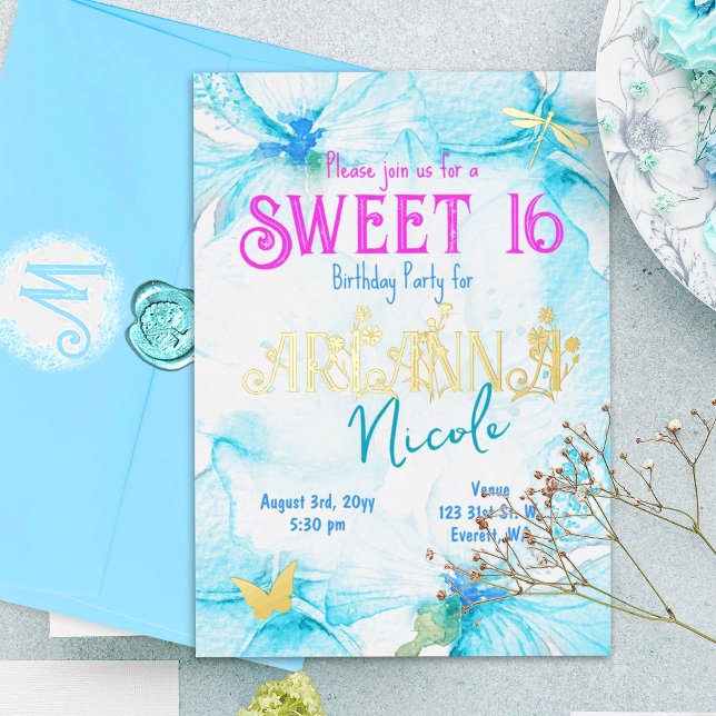 Invitation En Aluminium Turquoise rose or doux 16 lettres florales (Turquoise, cyan, Sweet 16 party invitation with gold foil letters & Whimsical dragonfly & butterfly.)