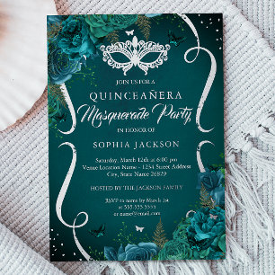 Invitation En Aluminium Turquoise Silver Floral Scroll Masquerade Quincean
