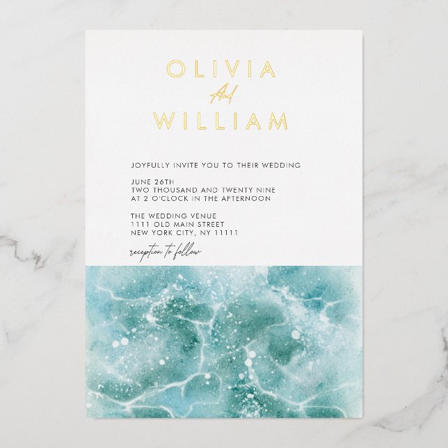 Invitation En Aluminium Turquoise Turquoise Waves Beach Wedding Foil Invit (Recto)