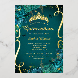 Invitation En Aluminium Turquoise Vibrant Or Floral Butterfly Quinceanera