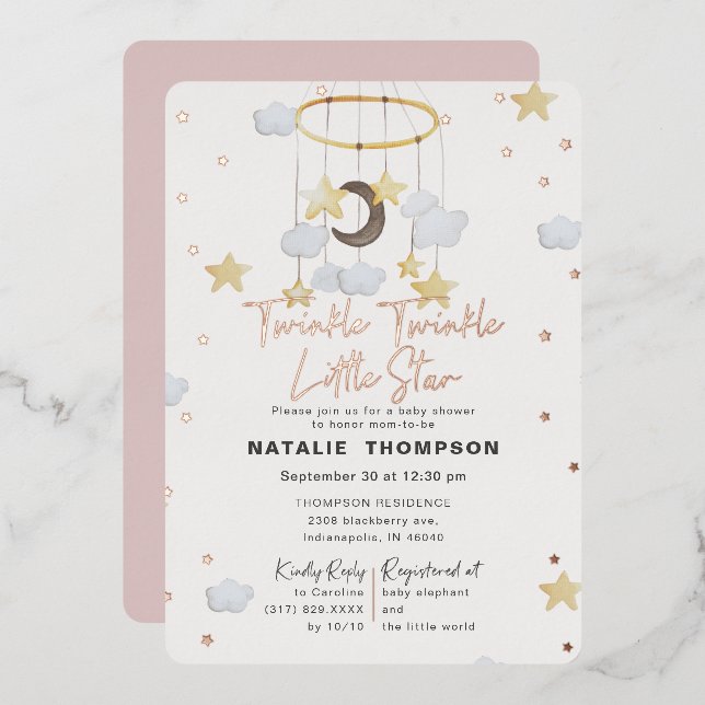 Invitation En Aluminium Twinkle Little Star Girl Baby shower rose Rose (Recto/Verso)