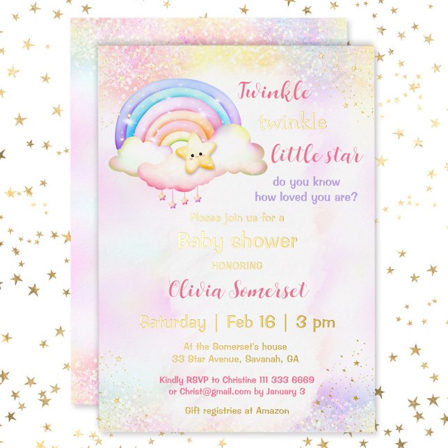 Invitation En Aluminium Twinkle Little Star Rainbow Girl Baby shower (Twinkle Little Star Rainbow Girl Baby Shower Foil Invitation)