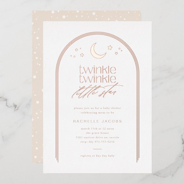 Invitation En Aluminium Twinkle Twinkle Little Star Arch Baby shower Rose (Recto/Verso)