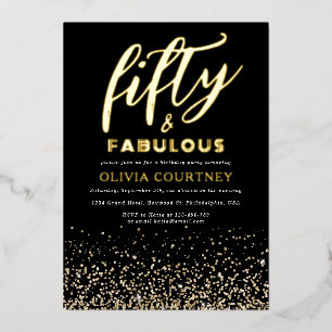 Invitation En Aluminium Typographie 50 ans et Fabuleuse Noir Paillettes d'