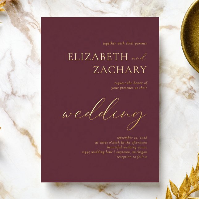 Invitation En Aluminium Typographie de script moderne Mariage Bourgogne (Créateur téléchargé)