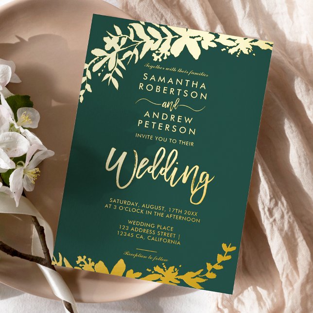 Invitation En Aluminium Typographie écriture or chic Floral vert mariage (Créateur téléchargé)