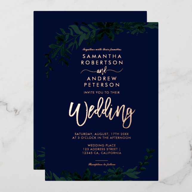Invitation En Aluminium Typographie écriture or rose mariage vert floral (Recto/Verso)