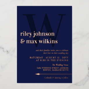 Invitation En Aluminium Typographie élégante Bleu Nuit Flèche Rose Gold