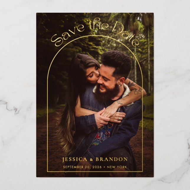 Invitation En Aluminium Typographie moderne Arc d'or Photo Enregistrer la  (Recto)