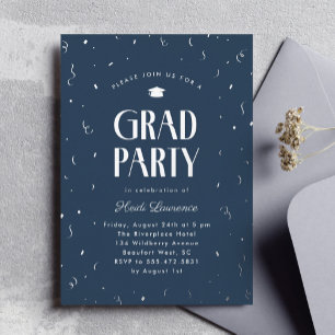 Invitation En Aluminium Typographie moderne Bleu et Silver Graduation Part