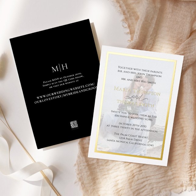 Invitation En Aluminium Typographie noir et blanc Simple Photo Real (Elegant photo overlay real gold foil wedding invitation. )